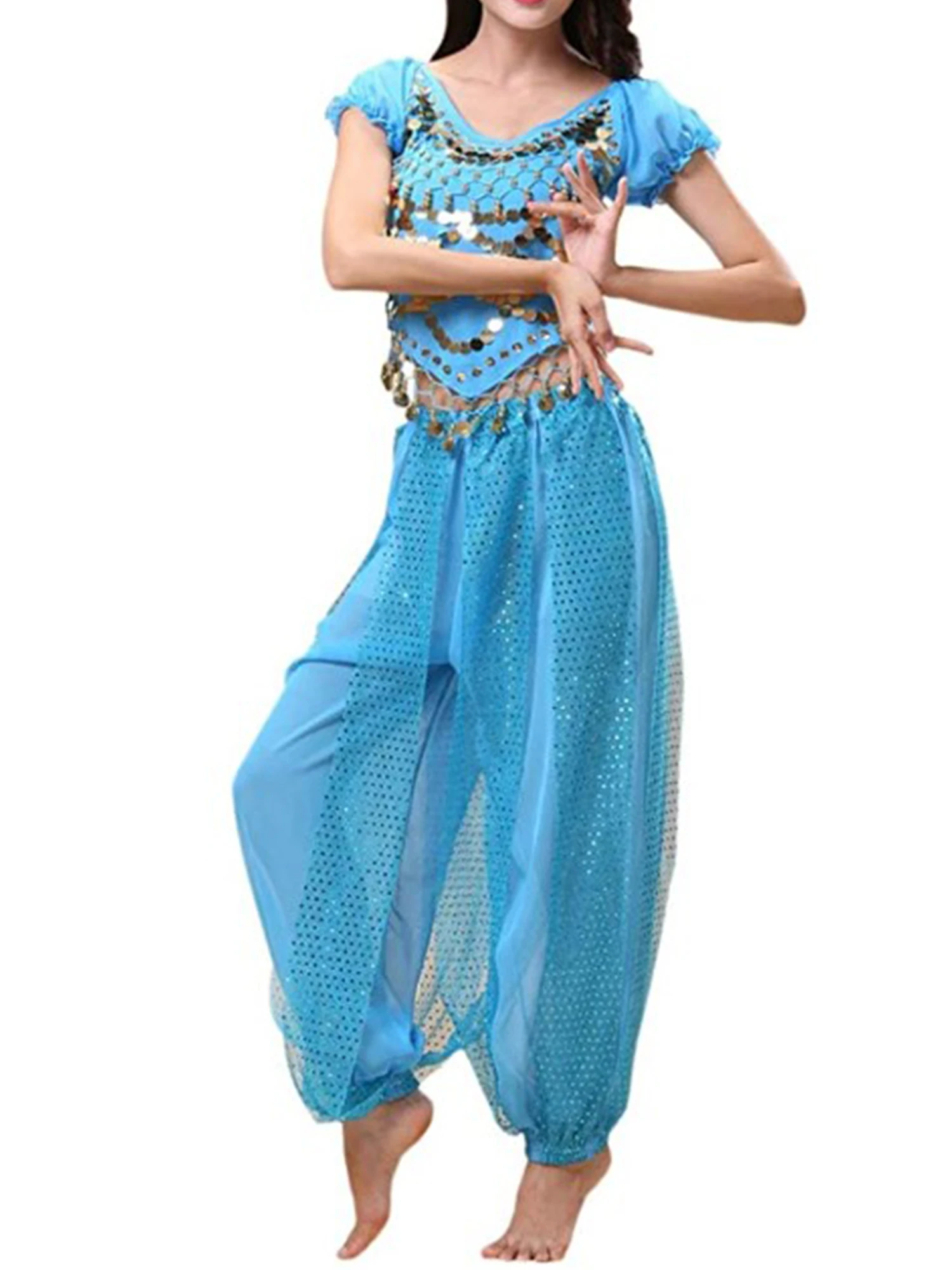 Women Ladies Bollywood Belly Dance Costumes India Arabian Stage Coins Lace-up Back Top Harem Pants Halloween Costume Cosplay