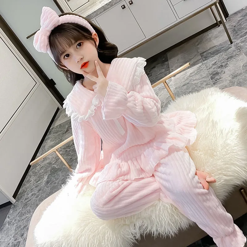 Kids' Autumn Winter Flannel Coral Fleece Pajama Sets Thickened Thermal Homewear For Tween Girls