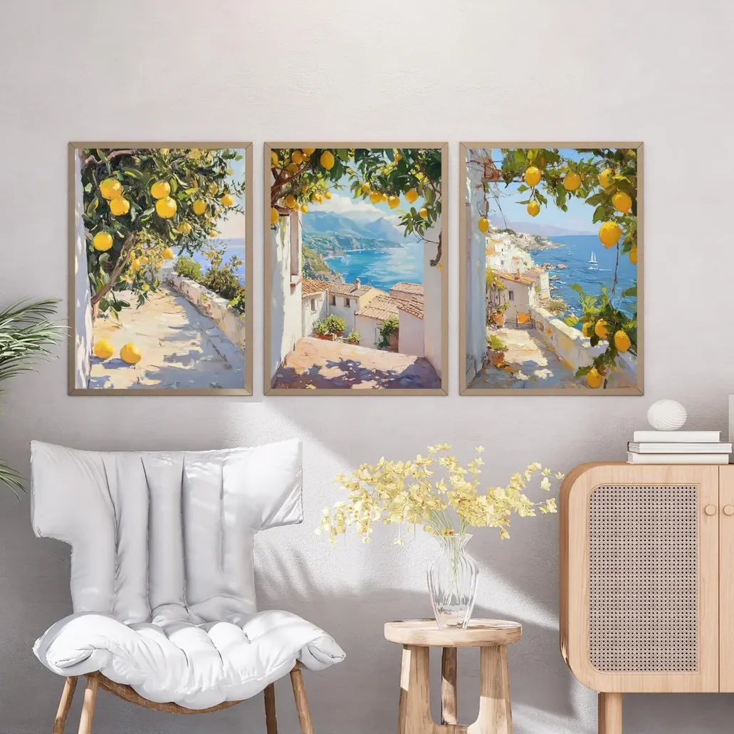 3PCS frameless decorative art print,3PCS  Coast with Lemons Poster  Italy Mediterranean Cityscape Wall Art  Rustic Kitchen Print