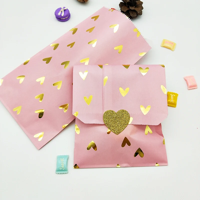 100pcs Candy Color Paper Bags with Gold Foil Hearts for Gift Food Birthday Party Decoration Kids Candy Cookie Paper Bags Sticker