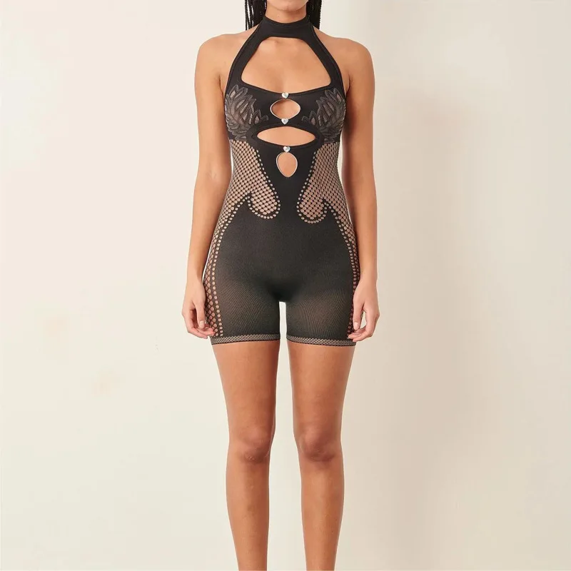 Gebreide Uitgeholde Halter Rompertjes 2024 Zomer Effen Kleur Mouwloze Rugloze Casual Sexy Slim Fit Playsuits Een Stuk Overall