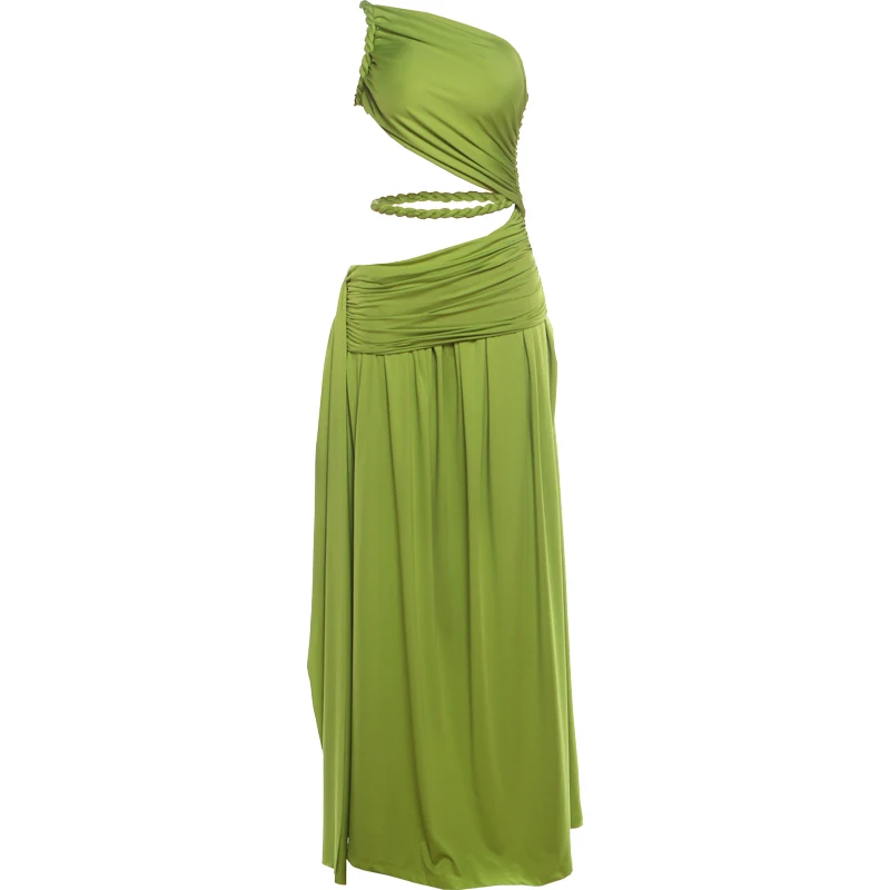 Sisterlinda Rope Patchwork Modekleid für Damen, sexy, hohler, schräger Kragen, gerüschtes Band, ärmellos, elegant, für Urlaub, Party, figurbetont – Detail 2