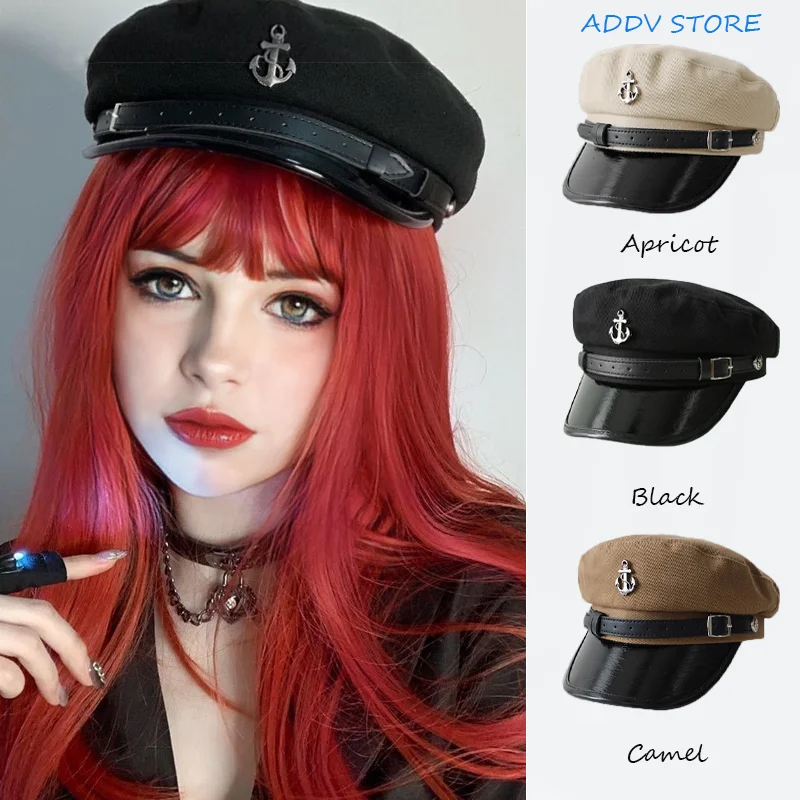 Women's Japanese Style Retro PU Leather Sailor Hat, Chic and Cool American Flat Top Painter Hat with Anchor and Vintage Design