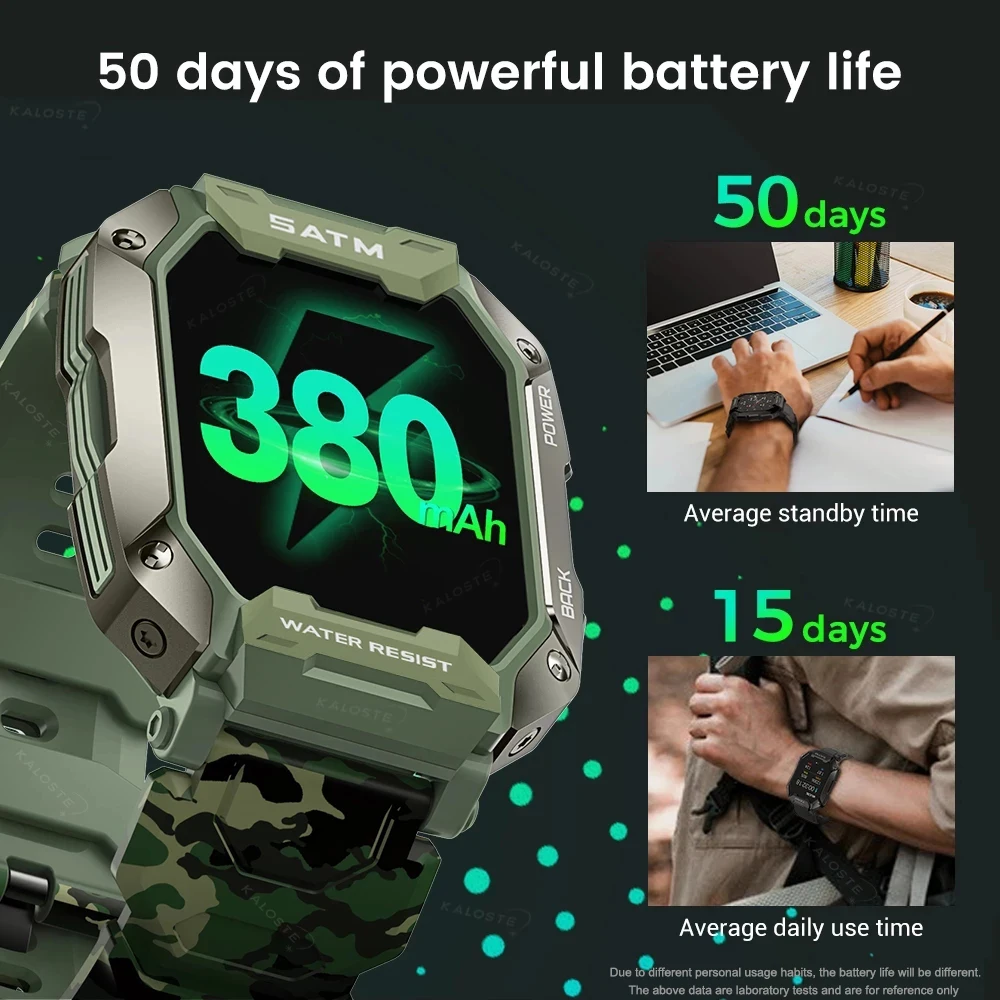 KALOSTE Jam Tangan Militer Luar Ruangan 5ATM Tahan Air Bluetooth Jam Tangan Pintar Olahraga untuk Pria Jam Baru 2022 untuk Xiaomi Realme Huawei