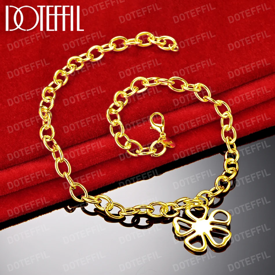 DOTEFFIL 18K Gold 18 Inch Chain Flower Pendant Necklace For Woman Wedding Engagement Fashion Jewelry