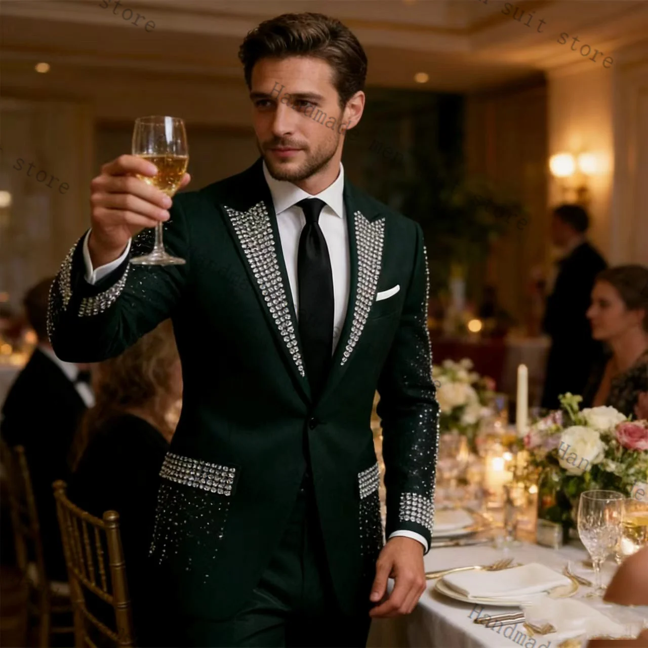 

Luxury Green Men Suits Pants Set 2 Pcs Blazer+Trousers Crystals Groom Wedding Tuxedos Jacket Formal Office Business Coat Outfit