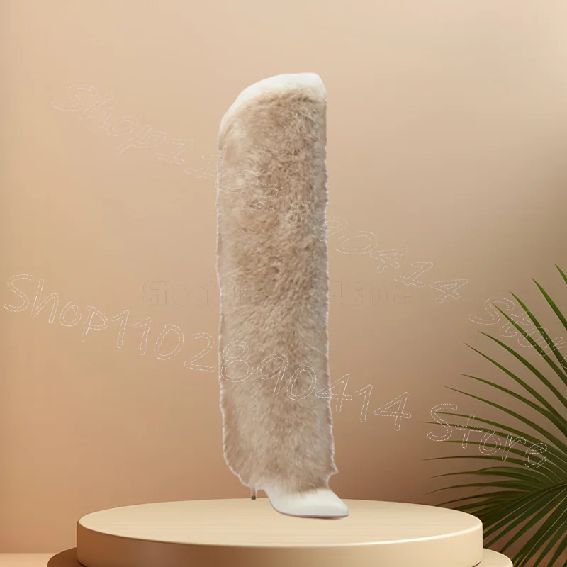 Beige Fur Turned Over Pointed Toe Boots Slip On Women Shoes Thin High Heels Fashion Party Runway Dating 2025 Zapatos Para Mujere