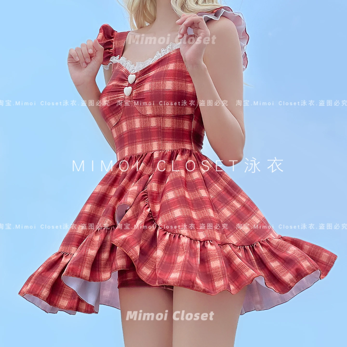 اليابانية الحلو لطيف JK فستان السباحة الدانتيل الخامس الرقبة أكمام عالية الخصر سليم منقوشة قطعة واحدة المايوه النساء الصيف ملابس السباحة