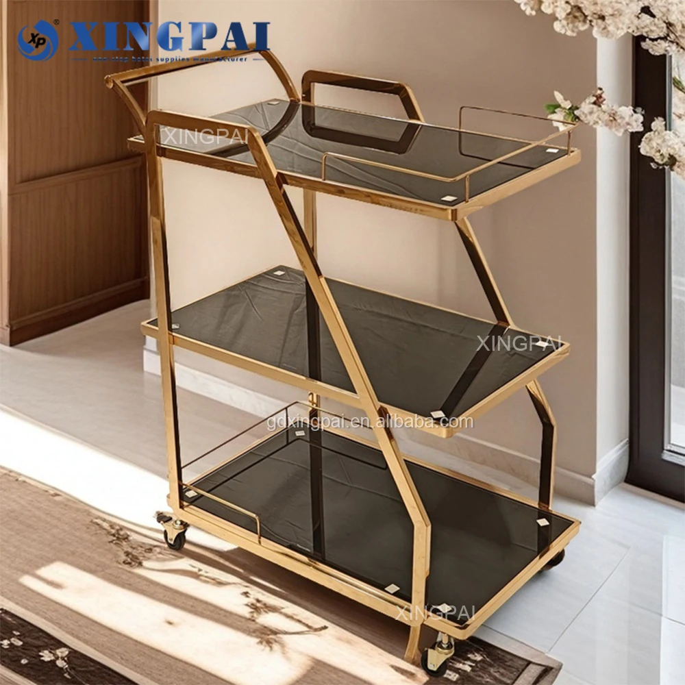Dubai Wholesale Market Gold Trolley Luxury 3 Tier Hotels Catering Trolleys Commercial Hotel Trolley Room Service Cart