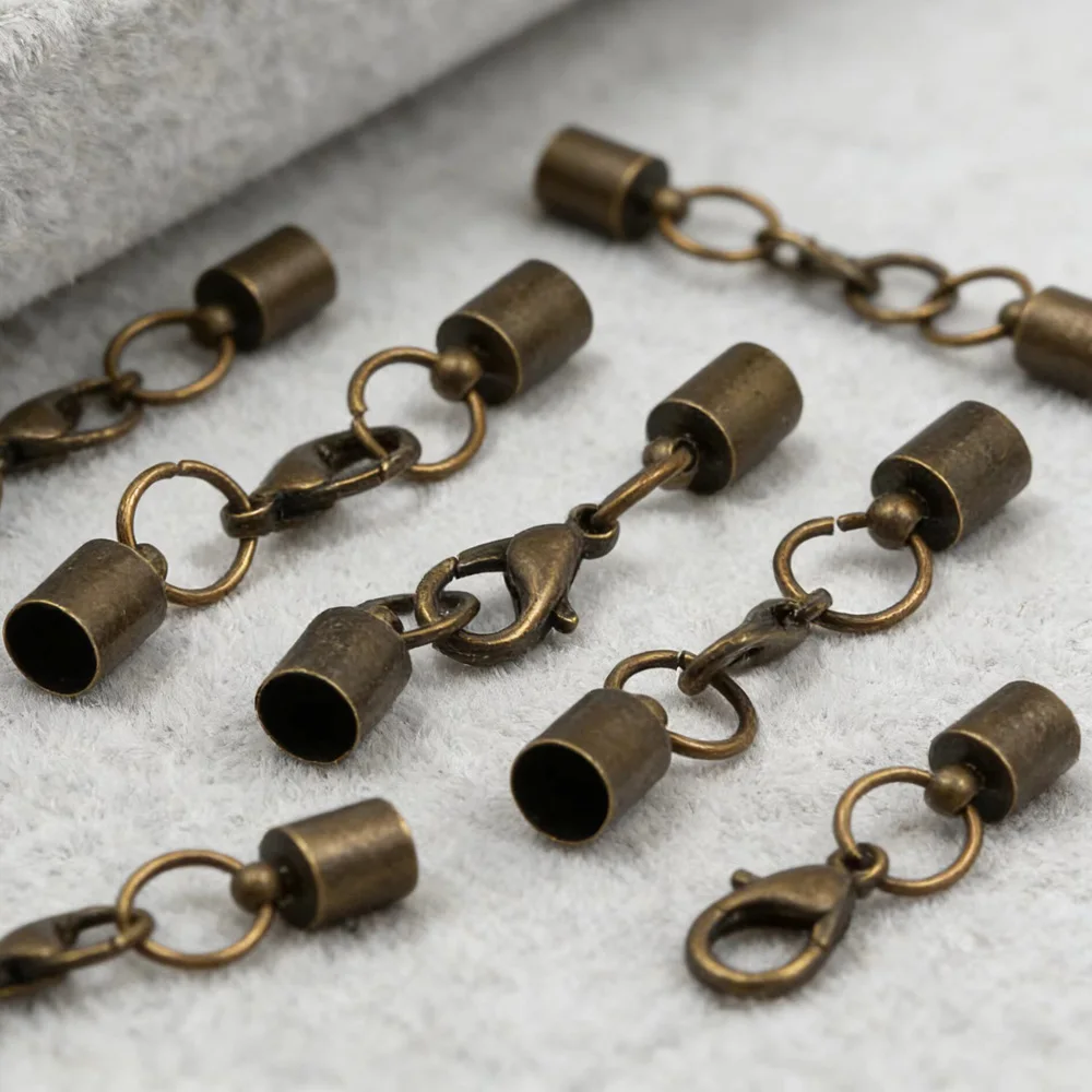 OlingArt 6mm Bronze Tassel Necklace round Leather Cord Crimps End Caps Lobster Clasp Terminating Fastener for DIY Jewelry Making