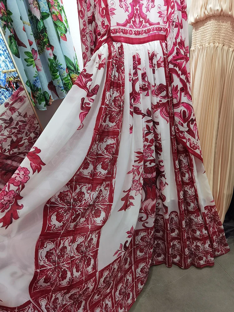 Fashionable Full Long Dress for Women, Chiffon Silk, Red Porcelain Printing, Suqare Sleeve, Party Vacation, Spring and Summer