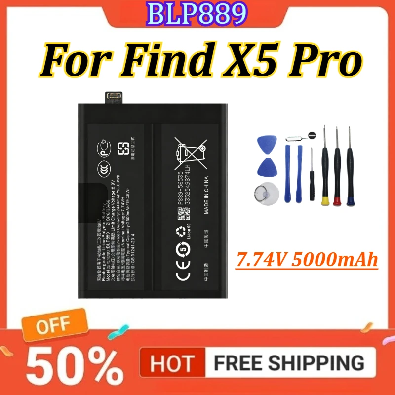 

New Mobile Phone Battery BLP889 7.74V 5000mAh For Find X5 Pro Battery +Tools