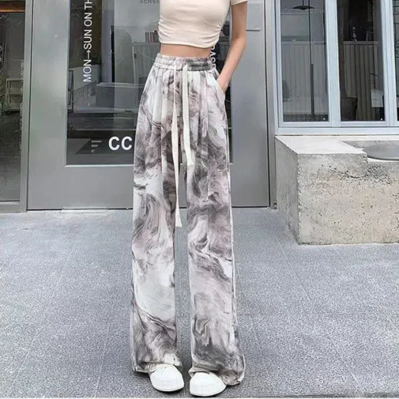 

New Chinese Style Tie-dye Ice Silk Casual Thin Women's High Waist Summer High Waist Droop Loose Wide-leg Pants Trendy