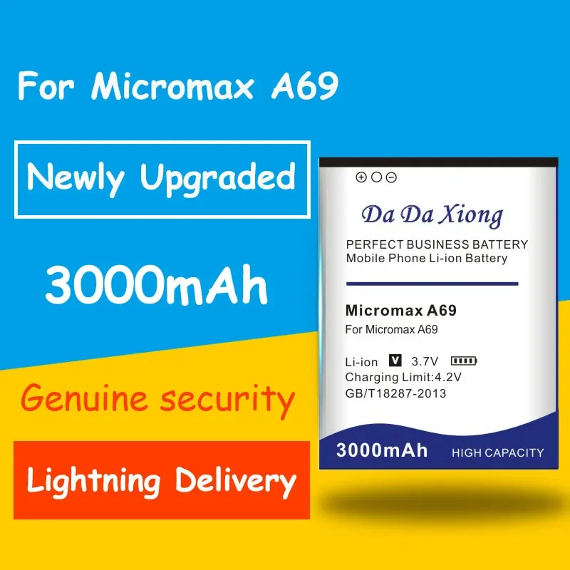 Fast and Safe Rechargeable Battery for Micromax A69, 3000mAh Accumulator, High Quality
