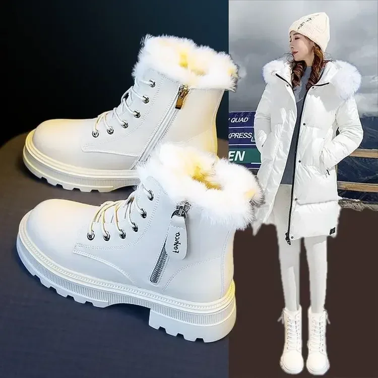 Botas de neve de pelúcia feminina, sapatos baixos, quentes, médios, preto e branco, espessado, inverno, 2021