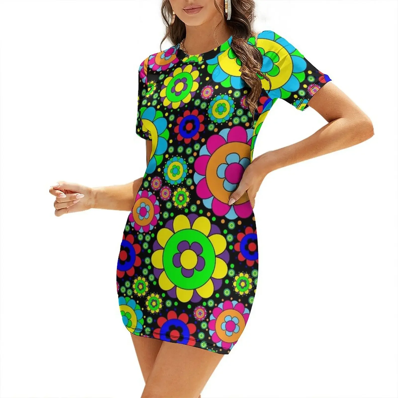 

Flower Power Vintage 60s 70s Hippie Retro Flowers Short-Sleeved Dress dresses for womens 2025 bandage dress Dress