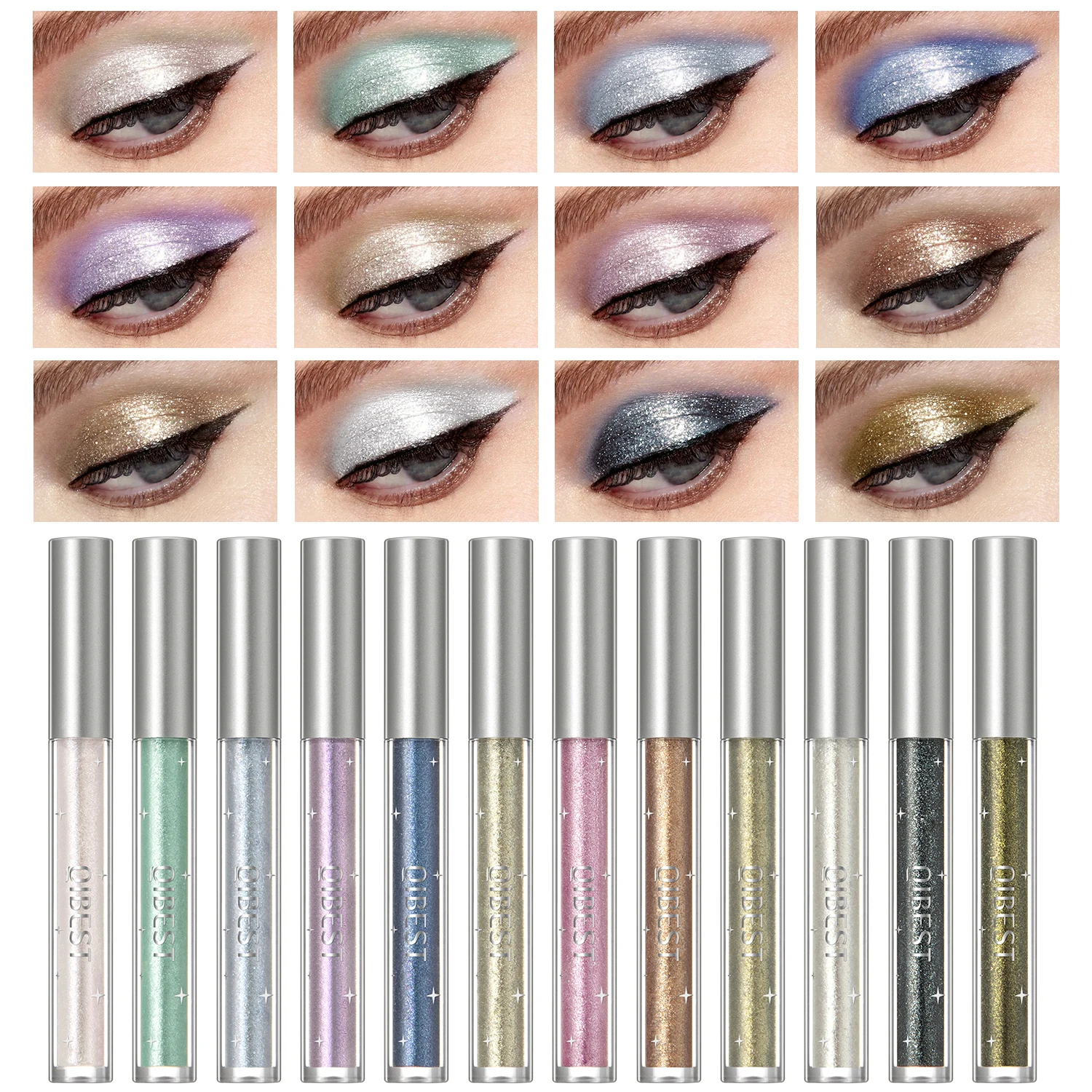 QIBEST 12 colores sombra de ojos líquida brillo lentejuelas nacarado tumbado gusano de seda pluma iluminador sombra de ojos resaltar delineador de ojos brillante
