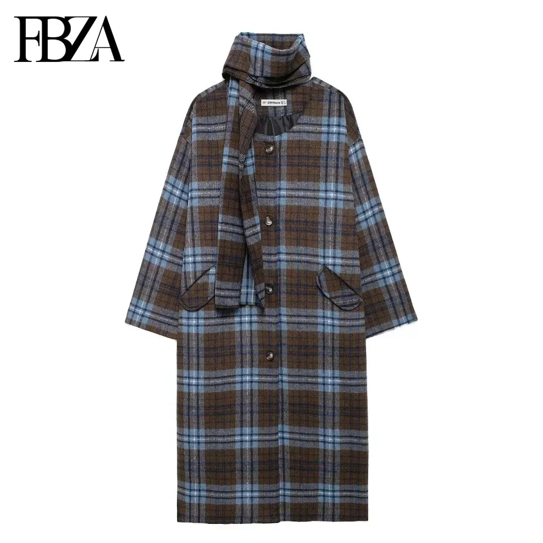 FBZA Women Fashion Autumn Winter New Plaid Woolen Single Breasted Scarf Collar Long Coat Jacket Coats Chic Ladies Tops Mujer