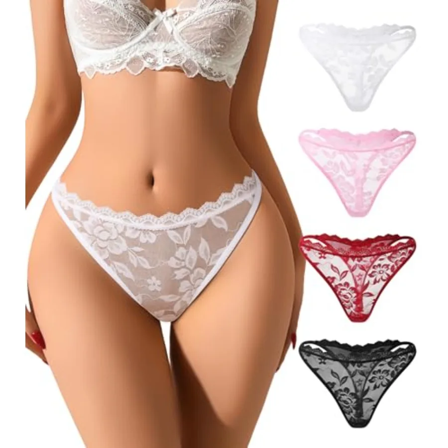 

Sexy Thongs for Women Floral Lace Underwear Low Waisted Panties Breathable Mesh No Show T-back G-String 4 Pack