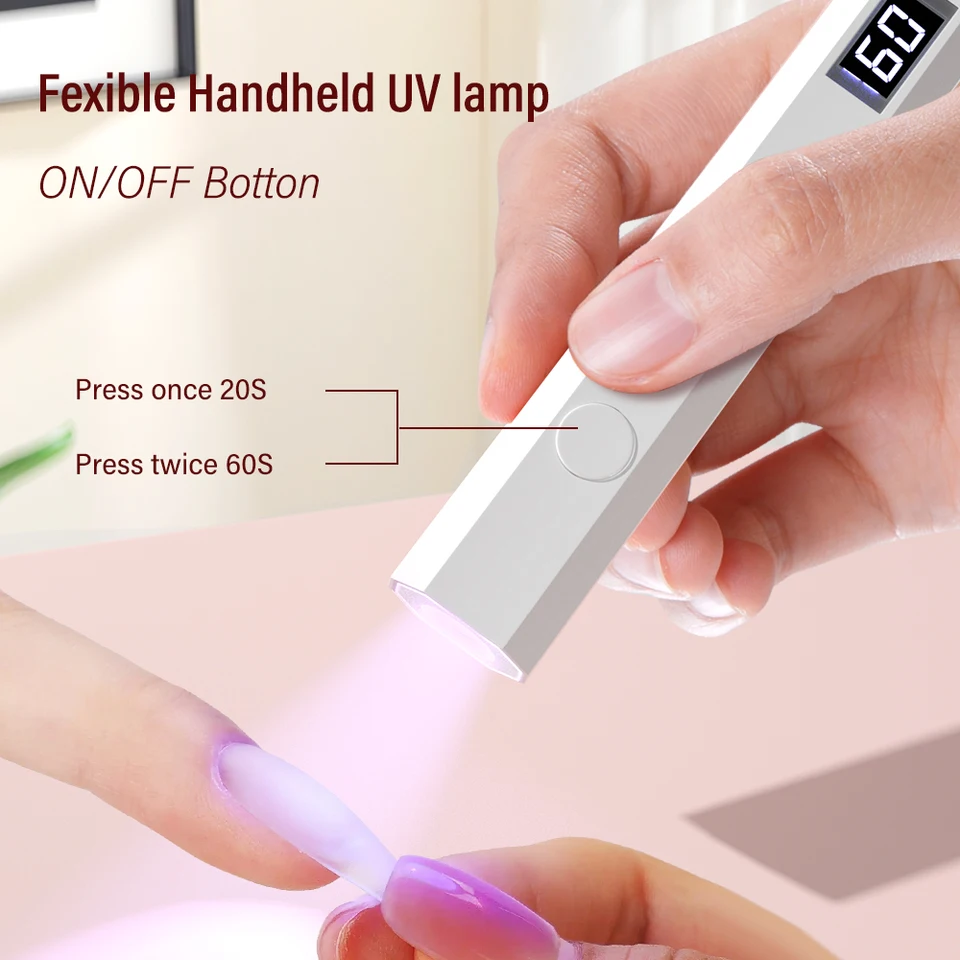 YIKOOLIN lámpara LED UV portátil recargable de mano, 3W, mini secadora de gel, 2 temporizadores, carga USB, herramienta de manicura para hogar 2