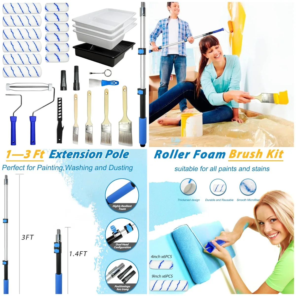 

Удлинитель малярного валика - телескопический комплект объемом 28 шт. 3 фута с крышками валика из микрофибры для покраски стен