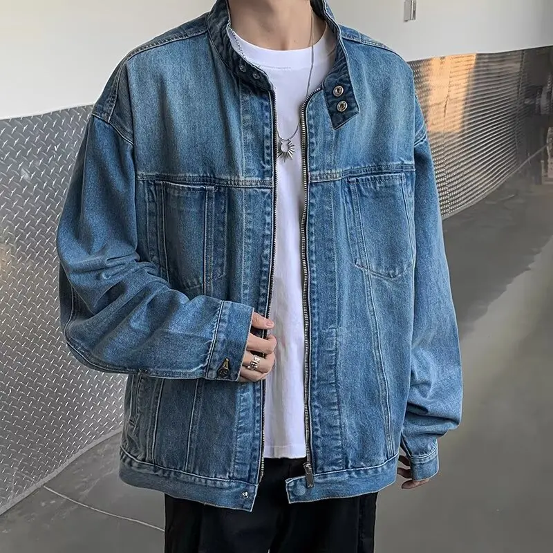 

2025 Spring Autumn New Fashion Men's Casual Trendy Stand Collar Long Sleeve Zipper Jean Jacket Male Clothes Coat Tops Streetwear