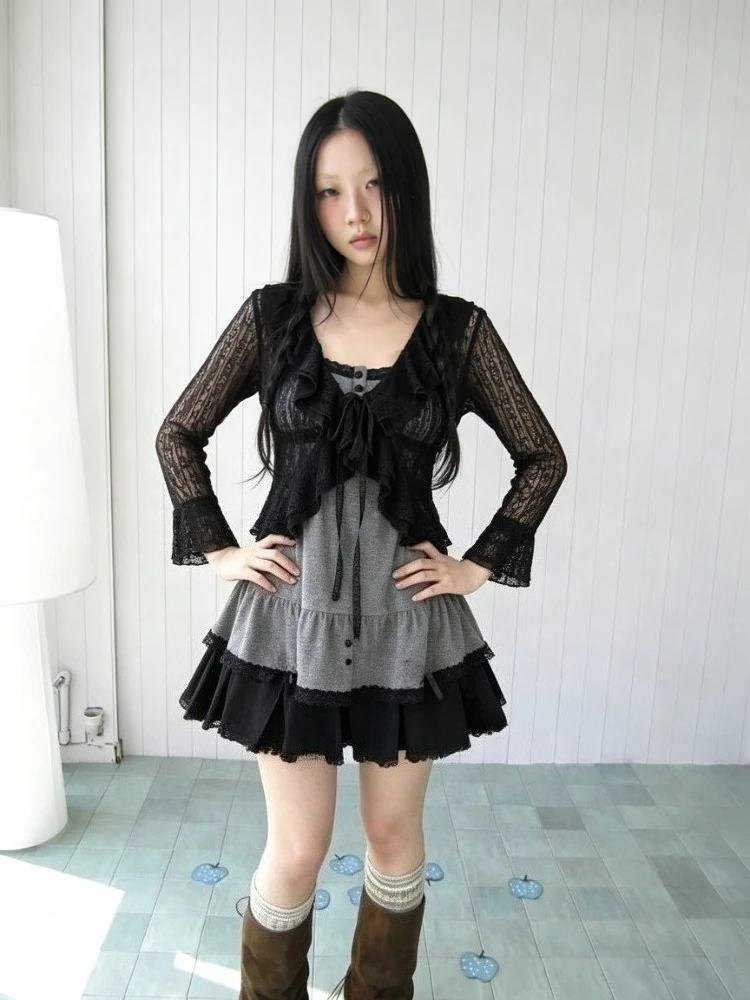 Harajuku Vintage 3 Piece Set Short Cardigan Casual Slim Vest Y2k Mini Skirt Women Gothic Sweet Subculture Chic Holiday Set