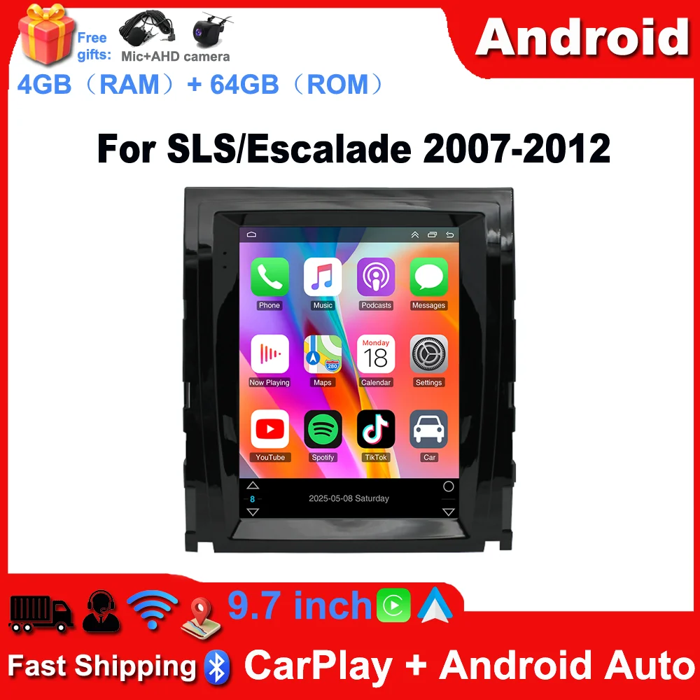Car Radio Stereo 4+64G Compatible for SLS/Escalade 2007-2012 9.7inch Touch Screen Android 14 Player WiFi Bluetooth Wireless Car-play/Android Auto GPS Navigation Head Unit Mirror Link