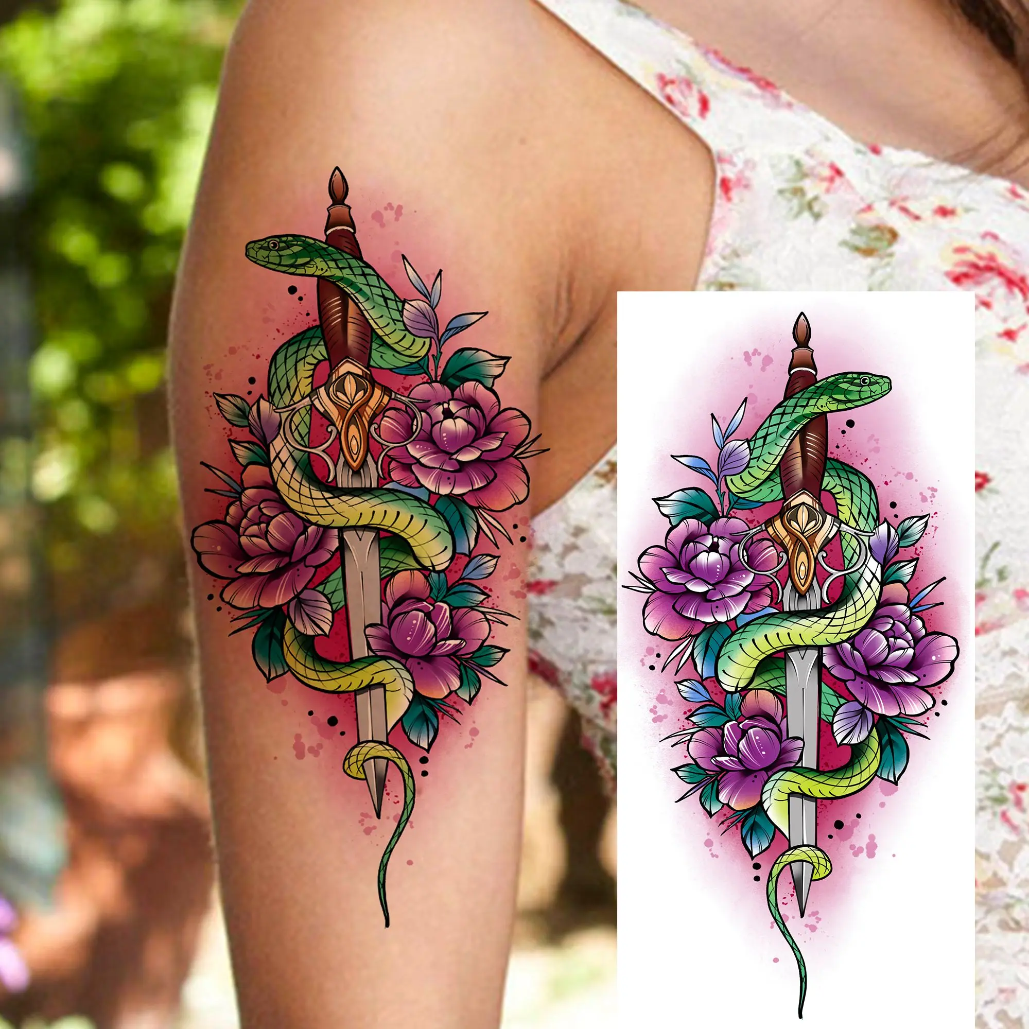 1 Sheet Watercolor Snake Flowers Temporary Tattoos For Women Girls Body Tatoos Waterproof Realistic Phoenix Fake Tattoo Stickers
