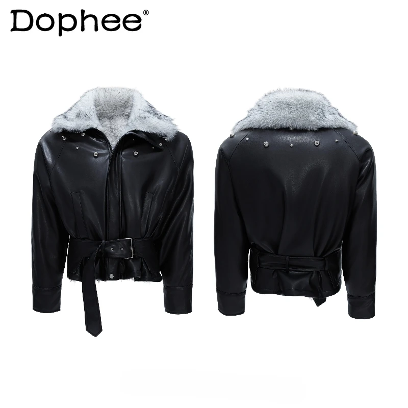 

Men's 2025 Winter New Rivet High Collar Leather Jackets Male Furry Collar Thickened Zipper Solid Color Double-sided Wear Coats