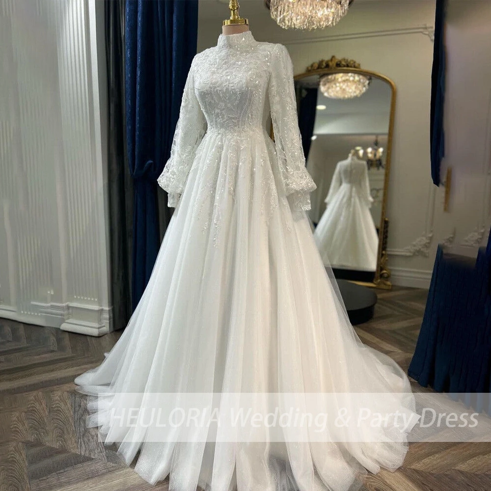 elegant heavy lace beading Muslim ball gown Wedding Dress long sleeve high neck bride dress plus size bride Wedding Gown