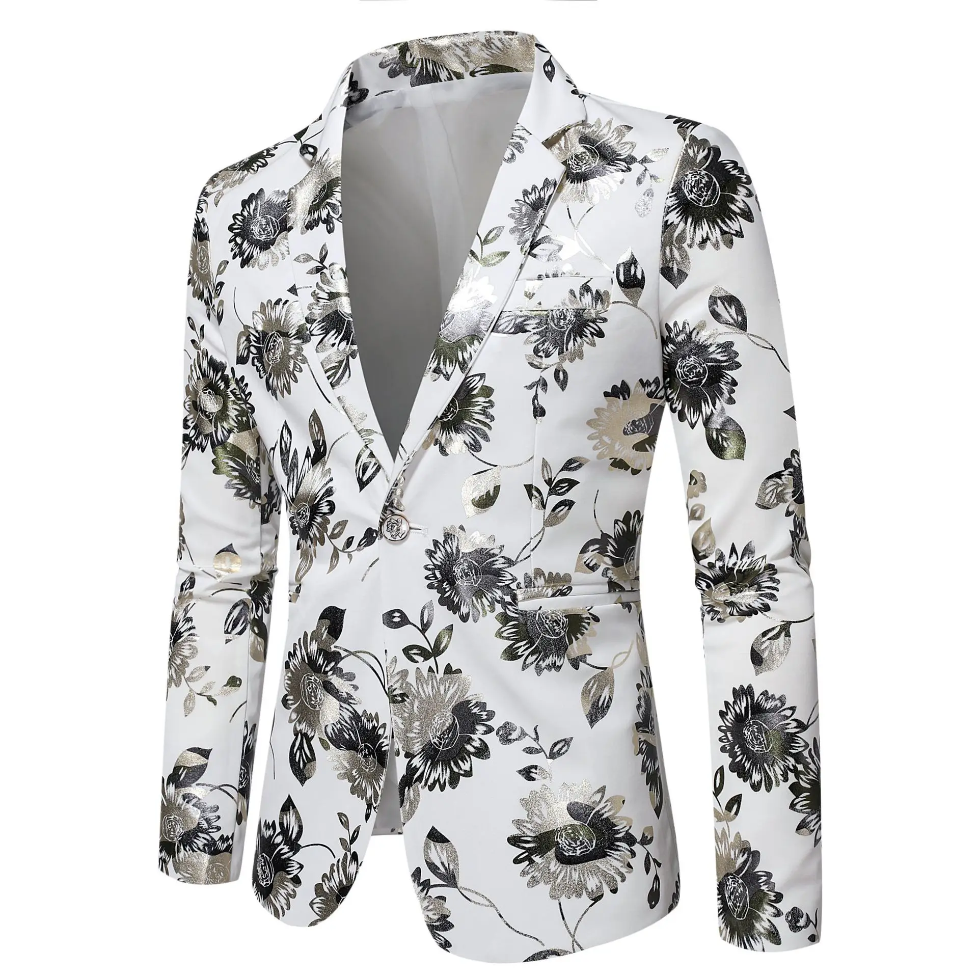 

White Floral Bronzing Print Tuxedo Blazers Men 2023 Brand Slim Fit One Button Blazer Suit Jacket Men Party Stage Singer Costume