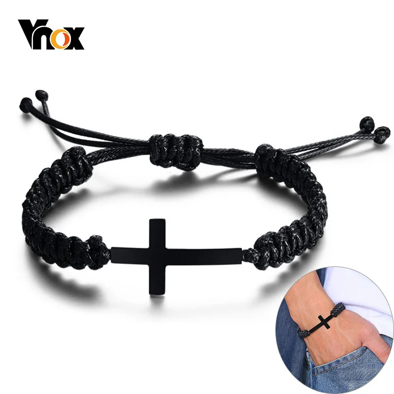 Vnox Black Cross Charm Bransoletka dla mężczyzn Nastolatki Chłopiec Pleciony łańcuszek Unisex Ręcznie robiona biżuteria