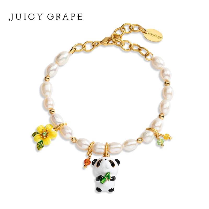 Juicy Grape Enamel Cute Panda Bracelet Gold Plated Pearl Chain Floral Bamboo Animal Jewelry Gift for Women