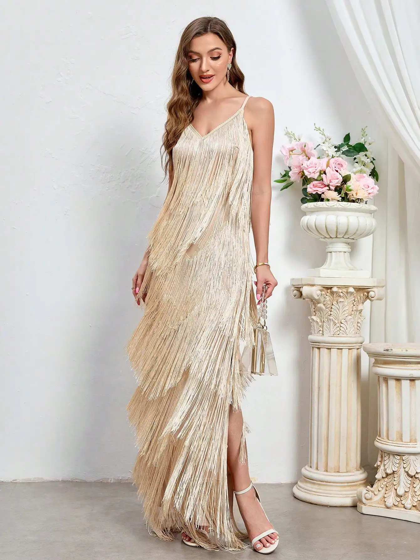 Women's V Neck Spaghetti Strap Fringe Maxi Dress for Evening Party Wedding Guest
