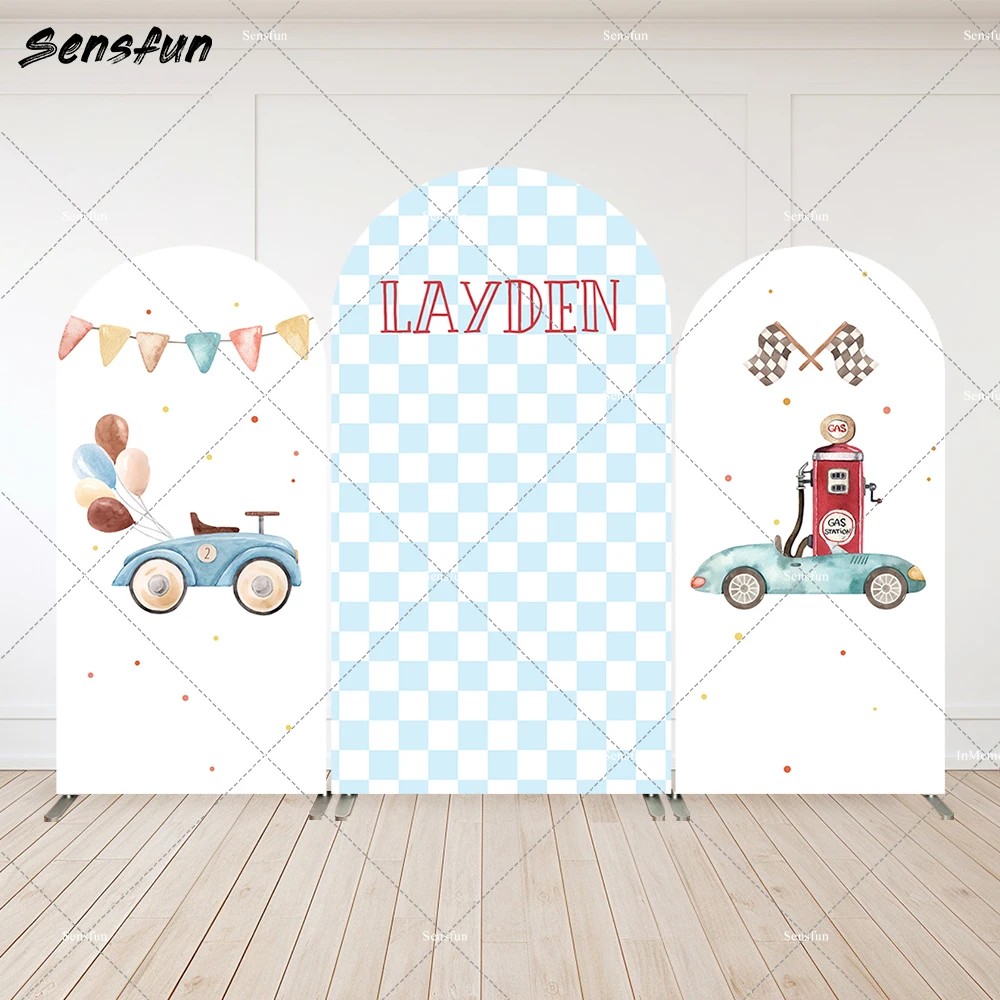 Two Fast Racing Car Arch Backdrop Cover Blue Race Car Baby Boy One 1st 2nd Birthday Party Decoration Checkered Chiara Wall