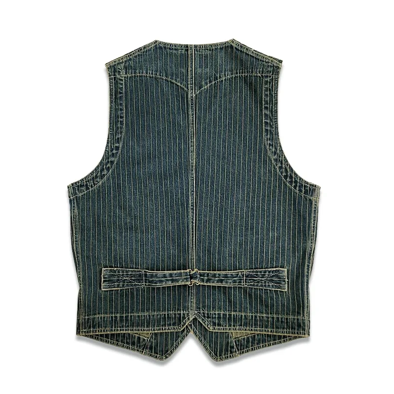 Men's Denim Vest Striped Pockets Slim Fit Western Safari Waistcoat Vintage Gilets for Male