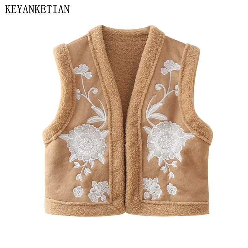 KEYANKETIAN 2024 Autumn/Winter New Women's Floral Embroidered Lamb Wool Vest Ethnic style V-Neck Sleeveless Short Waistcoat Coat