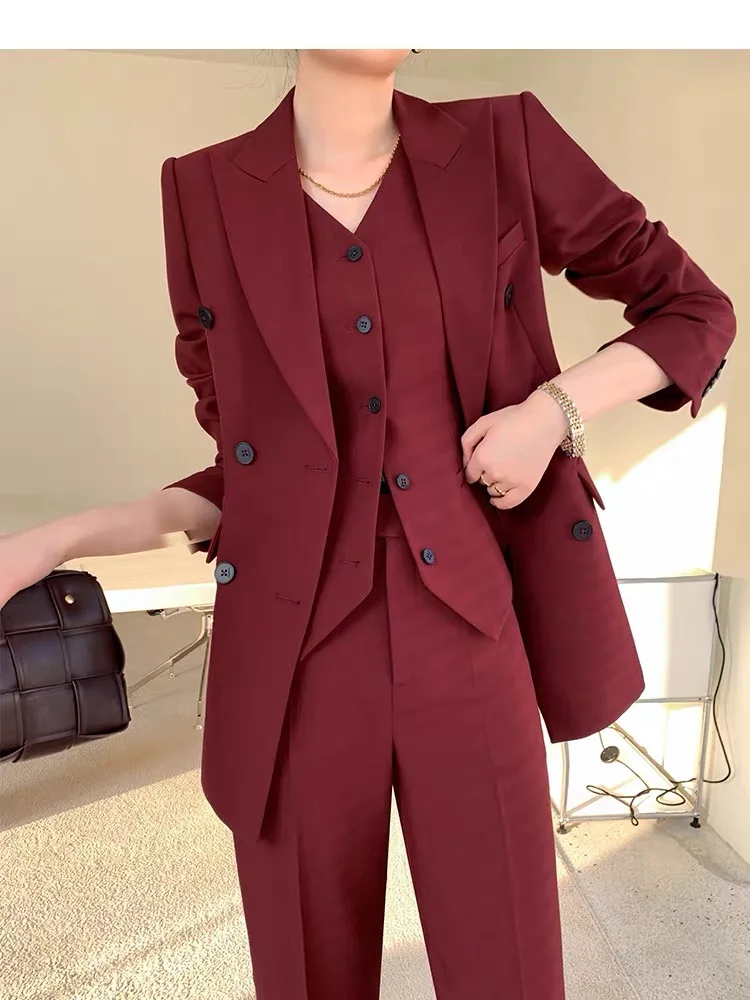 Elegant Burgundy Blazer Suit Office Women\'s Three-Piece Set Professional Formal Vest Pants Suit 2022 Autumn Korean Clothing