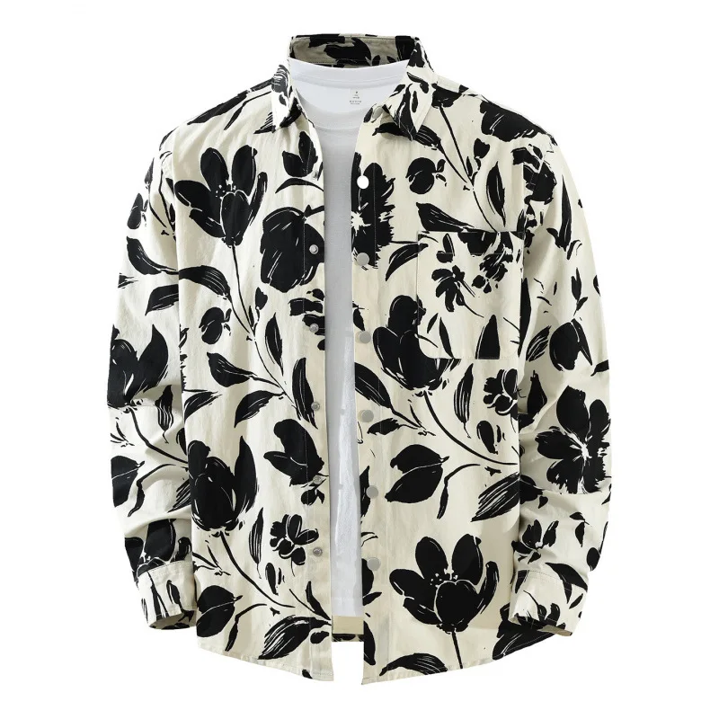 

Spring Holiday New Mens Printed Shirt Long Sleeve Japanese Fashion Men Top Comfort 100% Cotton Casual Shirts Snap Button Shirt