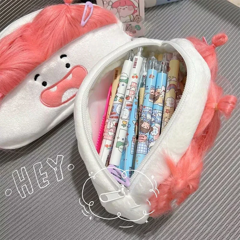 Humorous Pink-haired Large Capacity Plush Pen Pouch with Cartoon Design for School or Gift