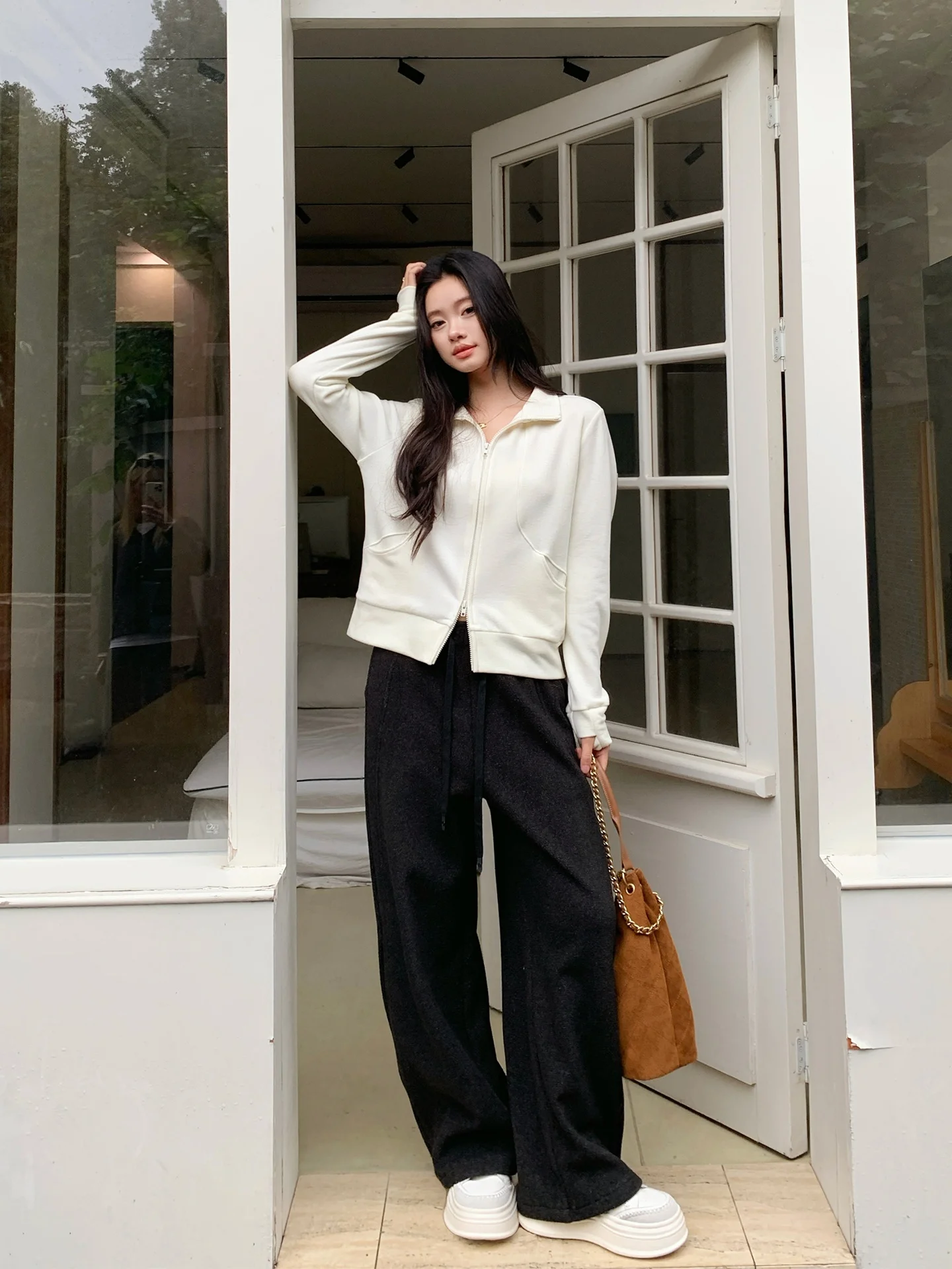 

Lao Yang's Personal Collection MELL Fce Lined High Waist Slimming Casual Pants Autumn Winter Straight Leg Wool Blend