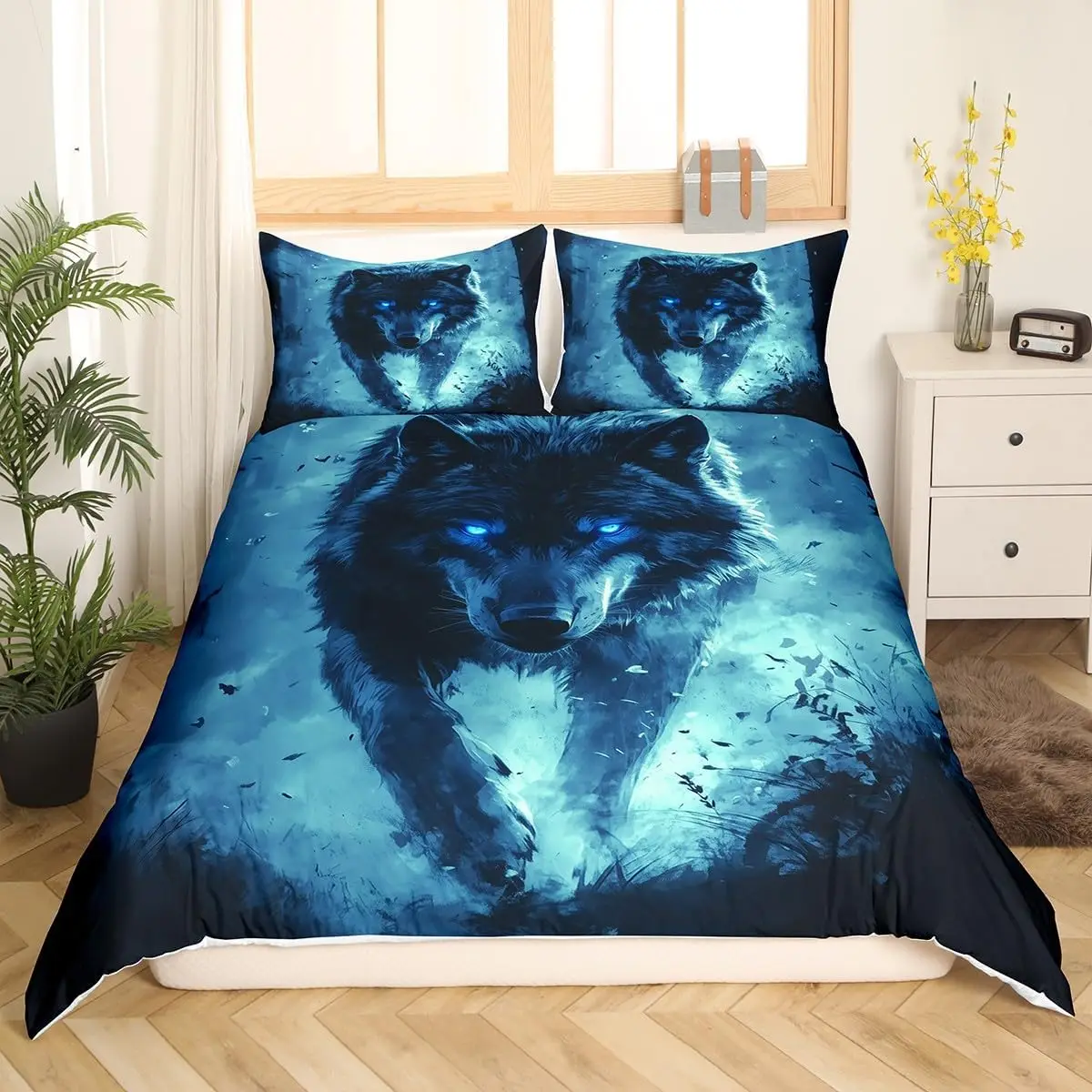 Kids Wolf Single Duvet Cover Set Blue Wolves Print Bedding Set With 1 Pillowcase Wildlife Animals For Boys Men