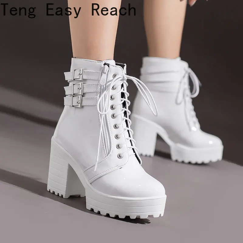 2023 White Black PU Leather Ankle Boots Women Autumn Winter Round Toe Lace Up Shoes Woman Fashion Motorcycle Platform Botas