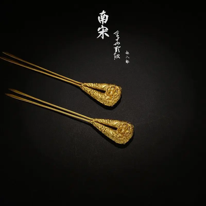 Restoration of The Southern Song Dynasty Double-stranded Gold-plated Flower Hairpin Ancient Peony Double-sided Hairpin Classical