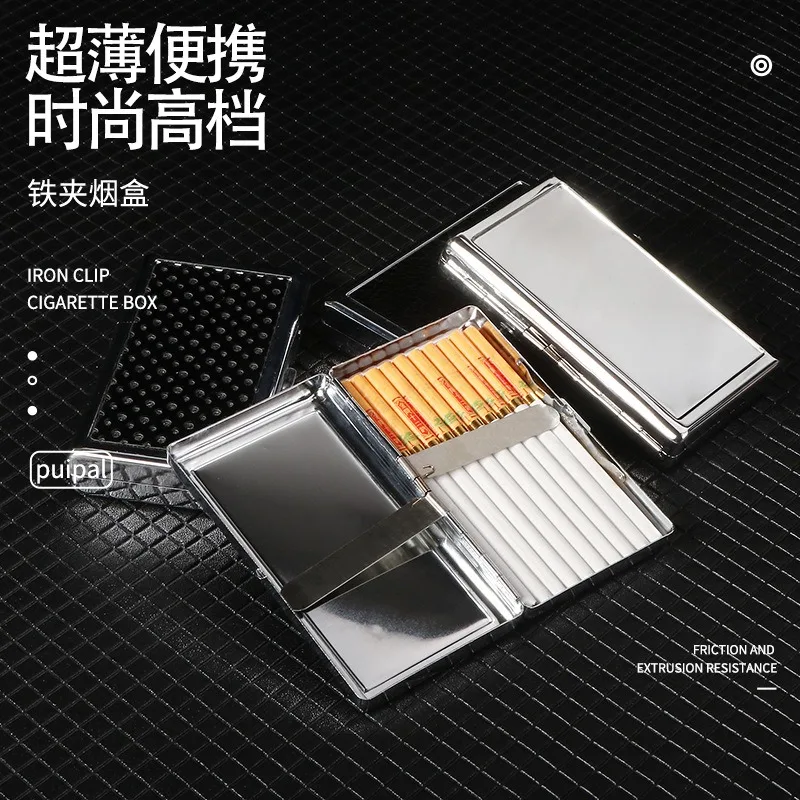 Paquete de 20 cajas de cigarrillos impermeables con clip de hierro alargado delgado, caja de cigarrillos portátil de metal de gran capacidad para hombres y mujeres, herramienta para fumar