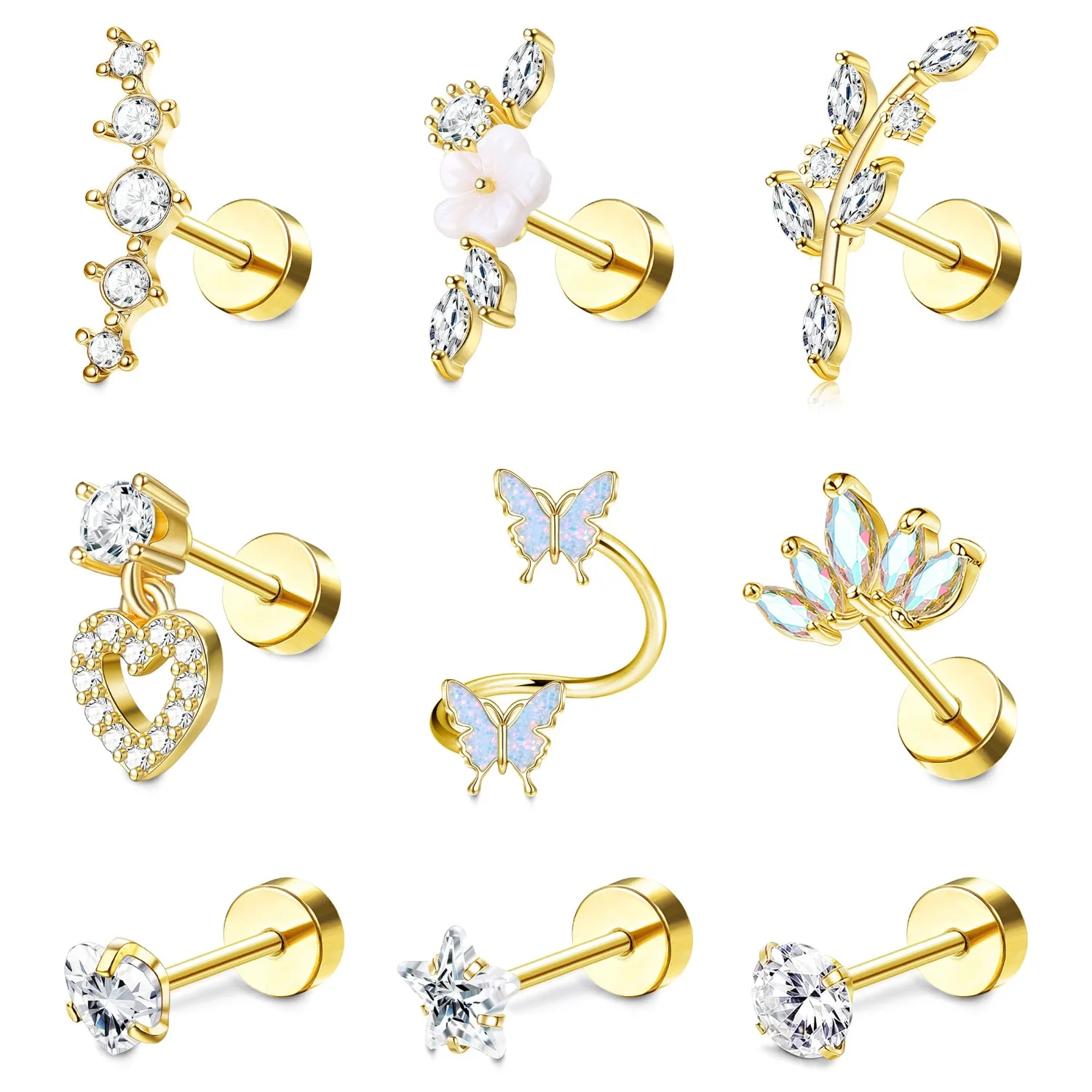 

Drperfect 1/9pcs Surgical Steel Helix Earrings for Women Conch Tragus Butterfly Flower Ear Piercing Hypoallergenic Dainty Jewel