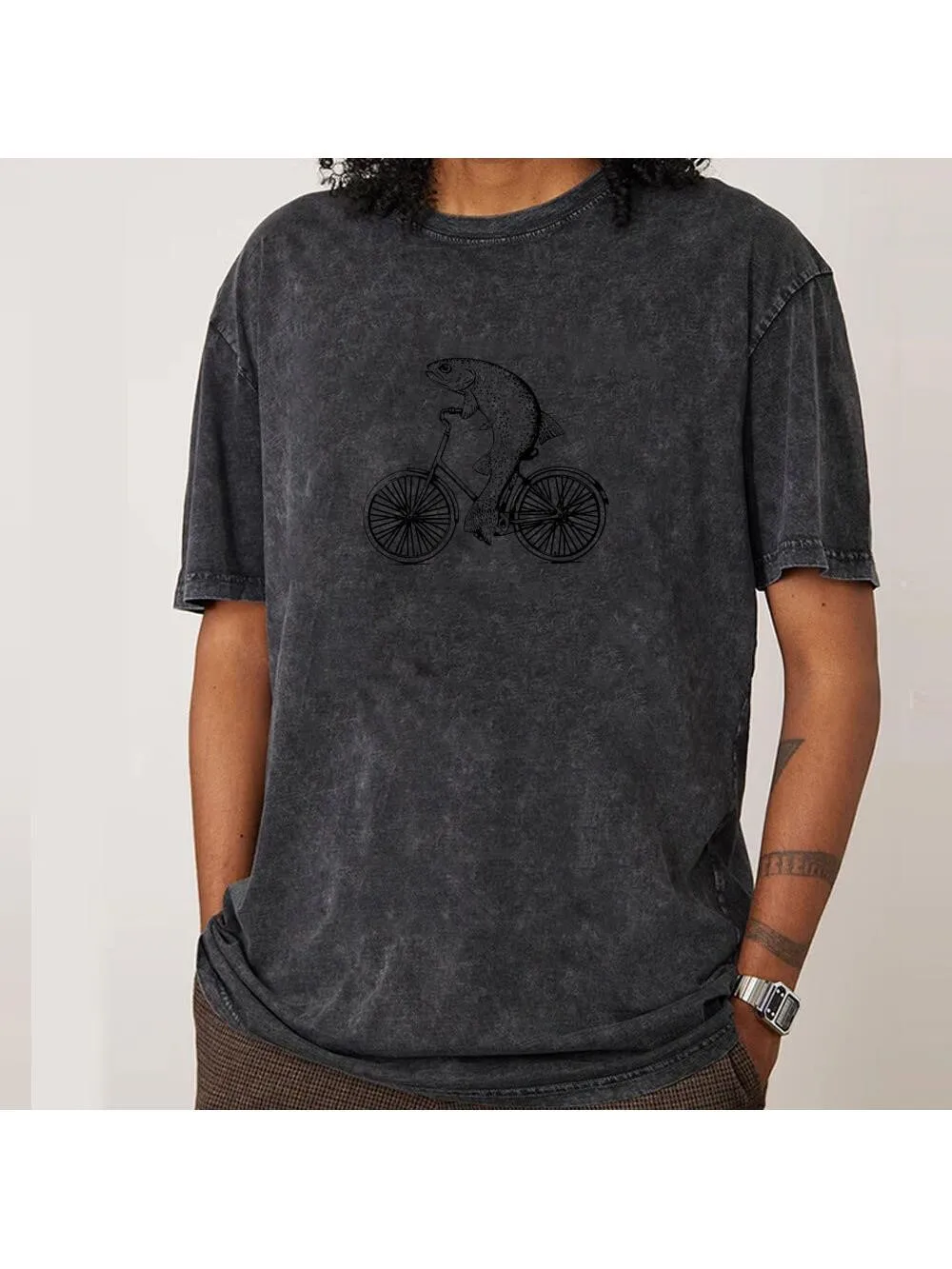 AliExpress JUSTEEASE Tops & Tees Washed Tops Shirt Bicycle Trout VALENTINE DAY Cotton Fabric O Neck Men Washed Retro T Shirts Normal Newest