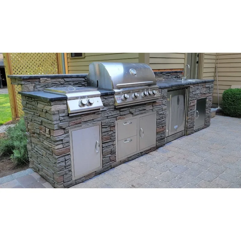 

Outdoor Kitchen Cabinet Aluminum Frame Full Stone Gas Grill BBQ Kitchen Water Proof Gazebo Built-in Island with Sink And Storage