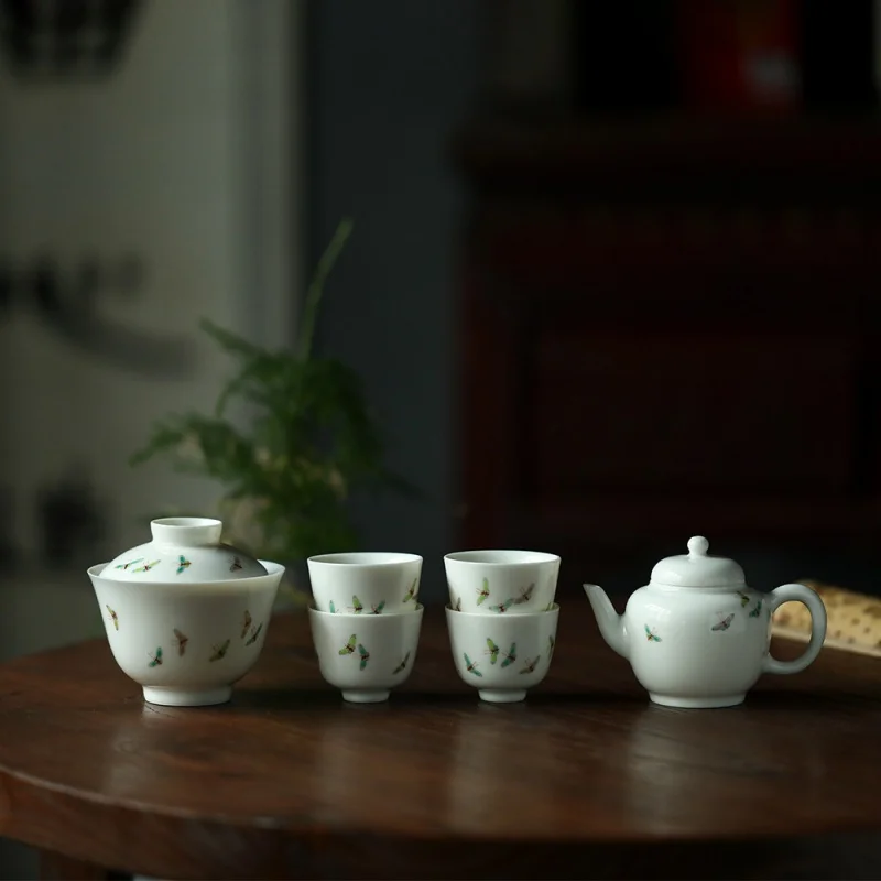★Ancient Color Butterfly Hand-Painted Ceramic Teapot Teapot Kung Fu Tea Set Jingdezhen Retro Apricot Yellow Colored Drawing Ball